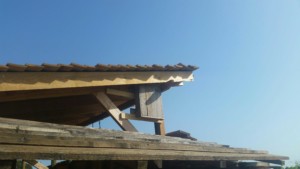 Une petite boite en bois, un nichoir à chauve souris, est fixé juste sous le toit de la paillote