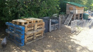Zone de compostage près du poulailler (en fond). Les bacs sont bien rangés, le compost a été empilé proprement et protégé par des palettes.