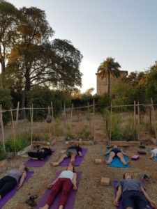 Groupe de personnes allongées sur le dos sur des tapis de sol pour une activité bien être